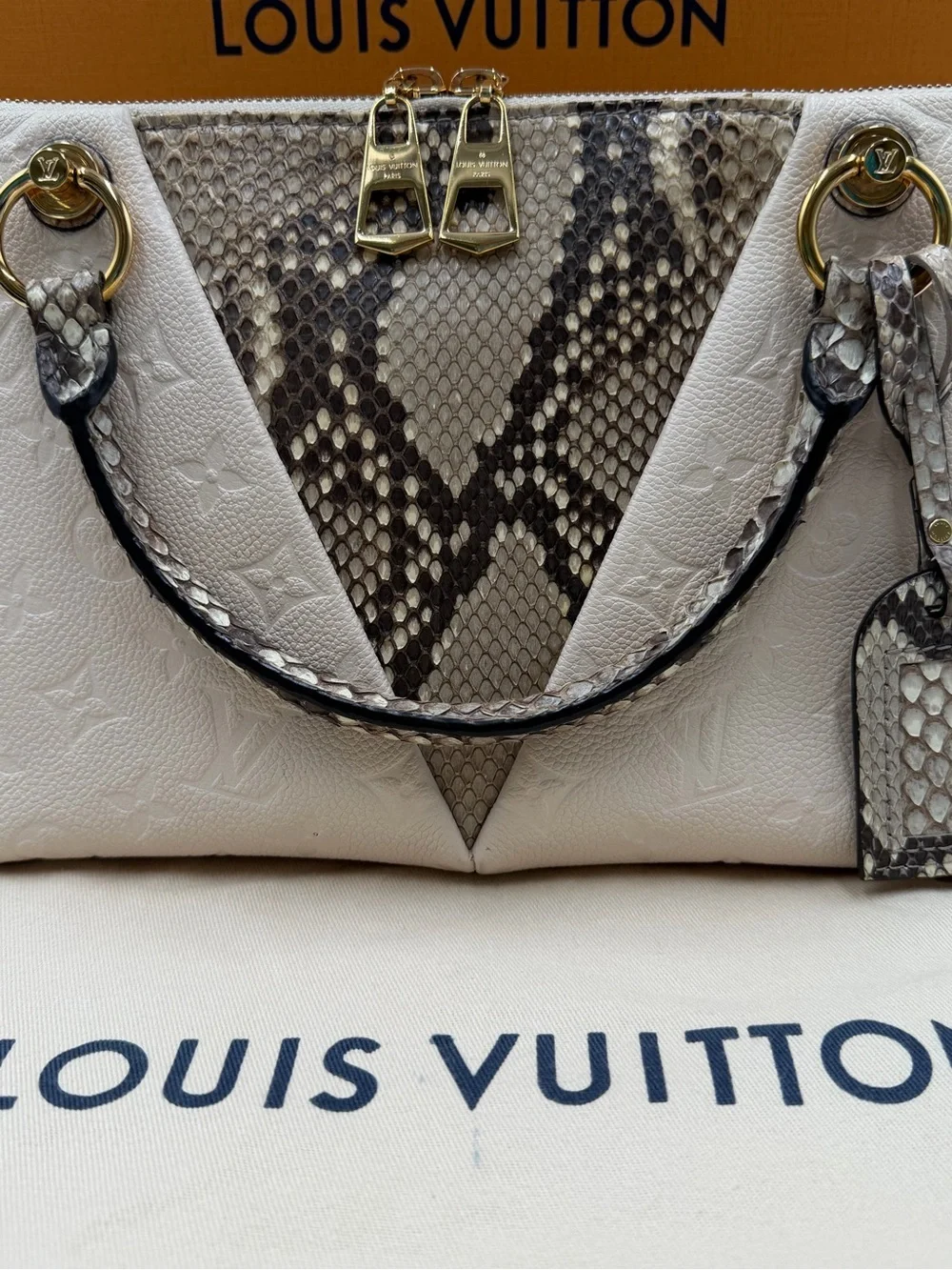 😍Louis Vuitton Exotics V Tote BB Cream Empriente Leather Two Way Bag with Python